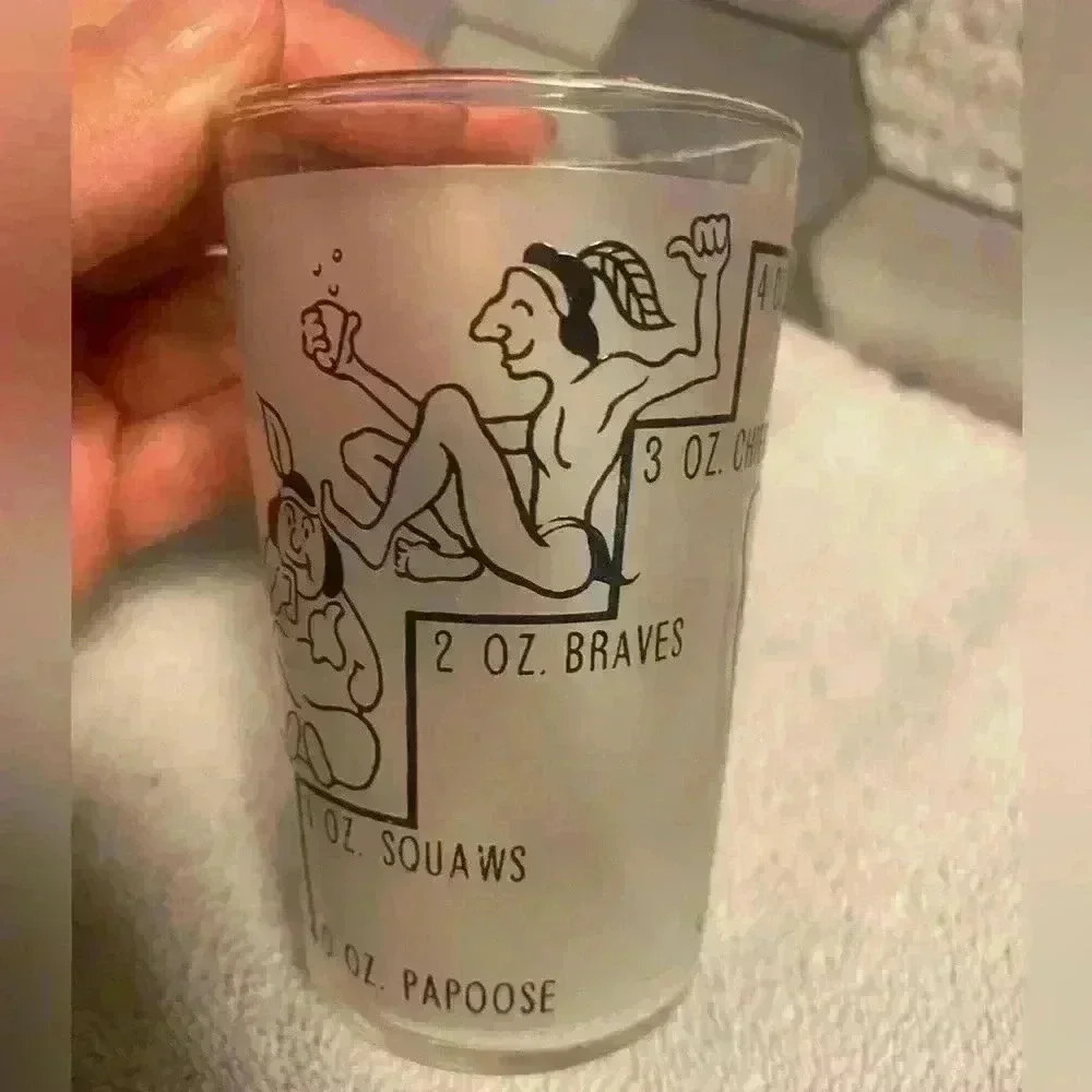 4 oz Indian novelty shot glass from Canada. Frosted glass with gold rim EUC - Picture 2 of 6